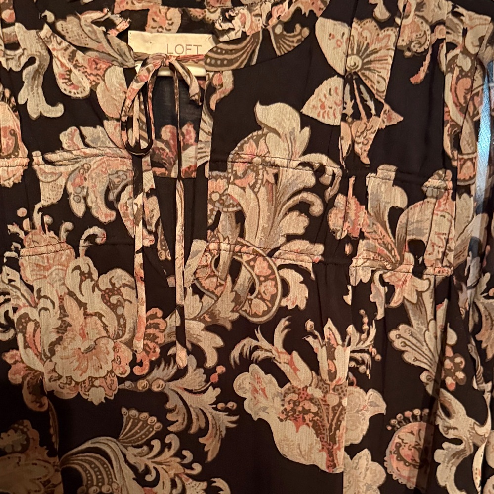 LOFT Womens Medium Black Pink Floral Damask Ruffle Neck Tie Long Sleeve Dress - Picture 3 of 7